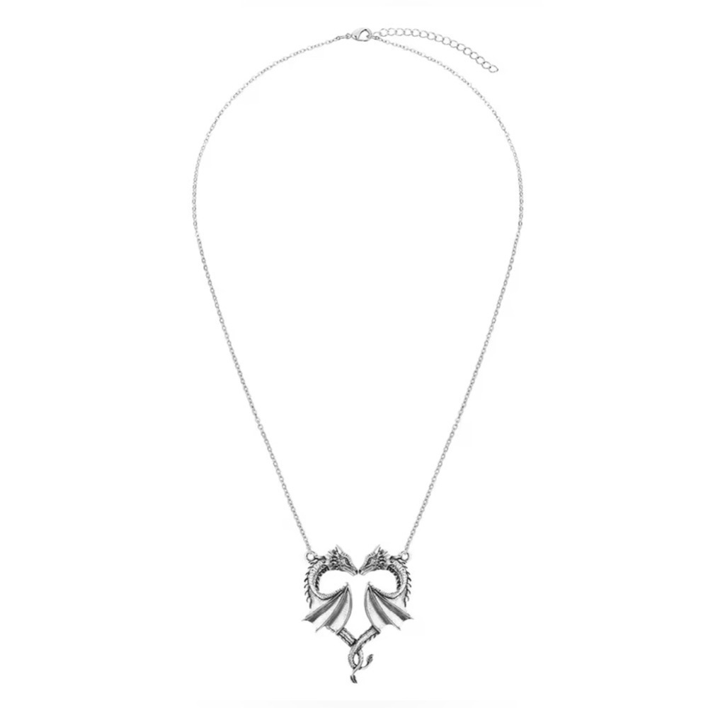 18K White Gold Two Kissing Dragons Heart Necklace - Picture 5 of 10